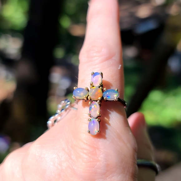6k Opal sterling rhodium & gold cross ring sz8.5 - Picture 4 of 5